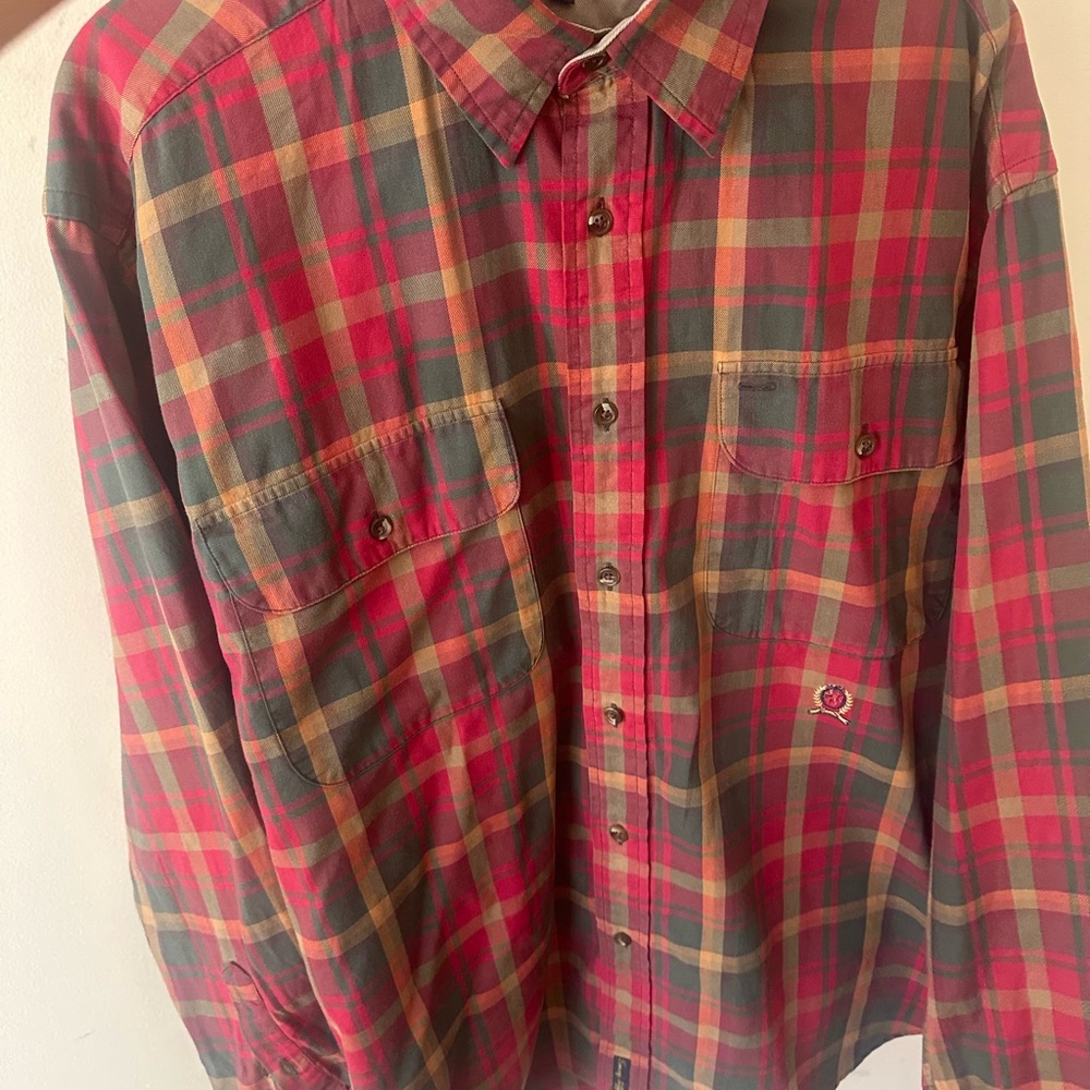 Vintage 90s Tommy Hilfiger Shirt Men Large Denim Plaid Red Button Down Shirt L - Picture 7 of 7